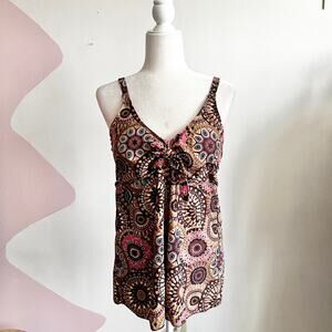 Brown Babydoll Swim‎ Tankini, Y2K Retro Resortwear Indie Boho Large Cottagecore